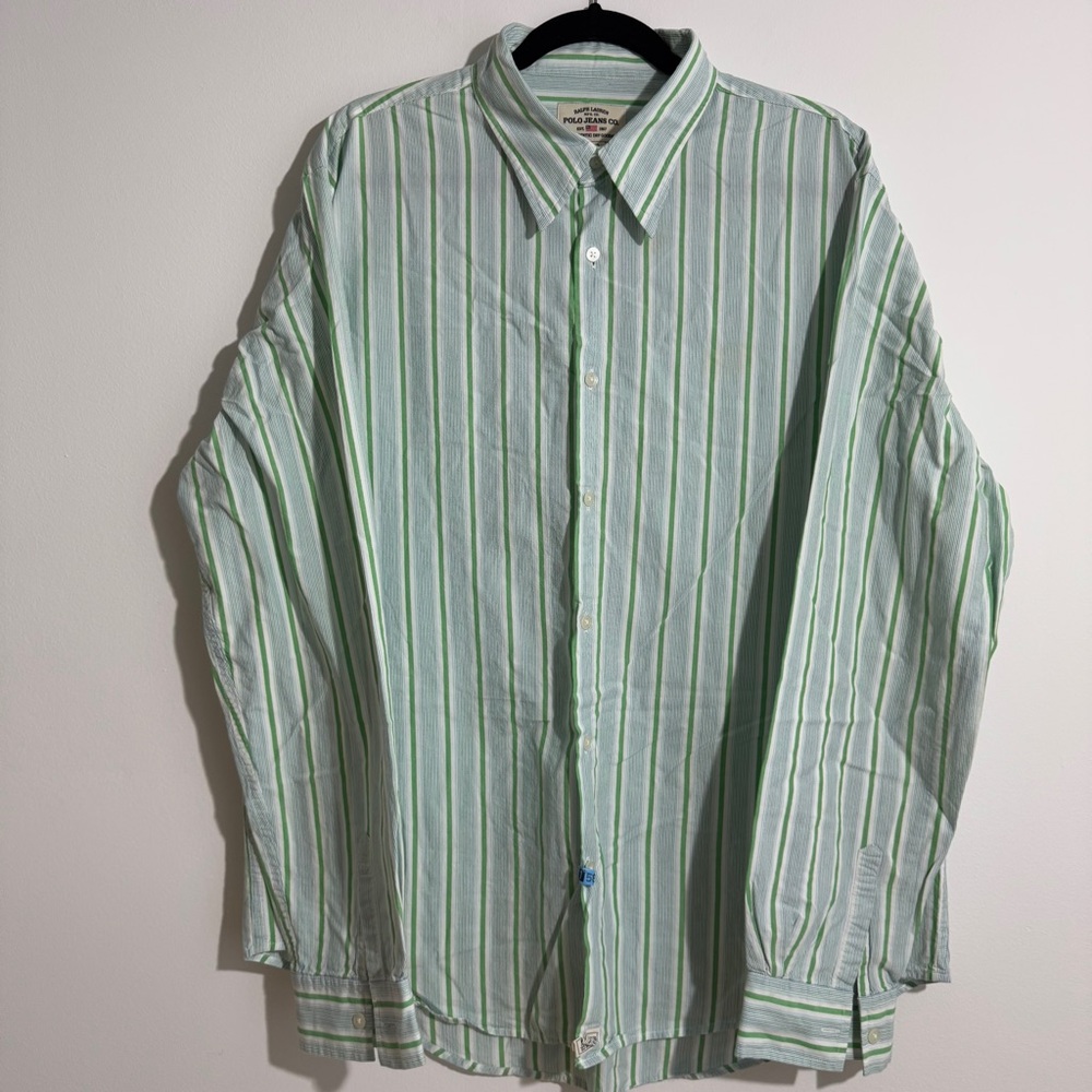 Ralph Lauren Polo Jeans Co Green White Striped Button Up‎ Shirt Size XL - Picture 2 of 10